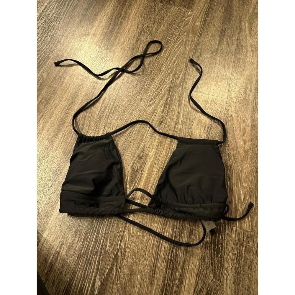 Black Triangle Bikini Top Adjustable Multi Tie Straps Minimalist Swimwear Small